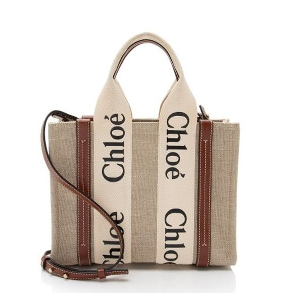 Chloe Small Woody Ribbon Tote With Strap White Brown - Picture 1 of 10